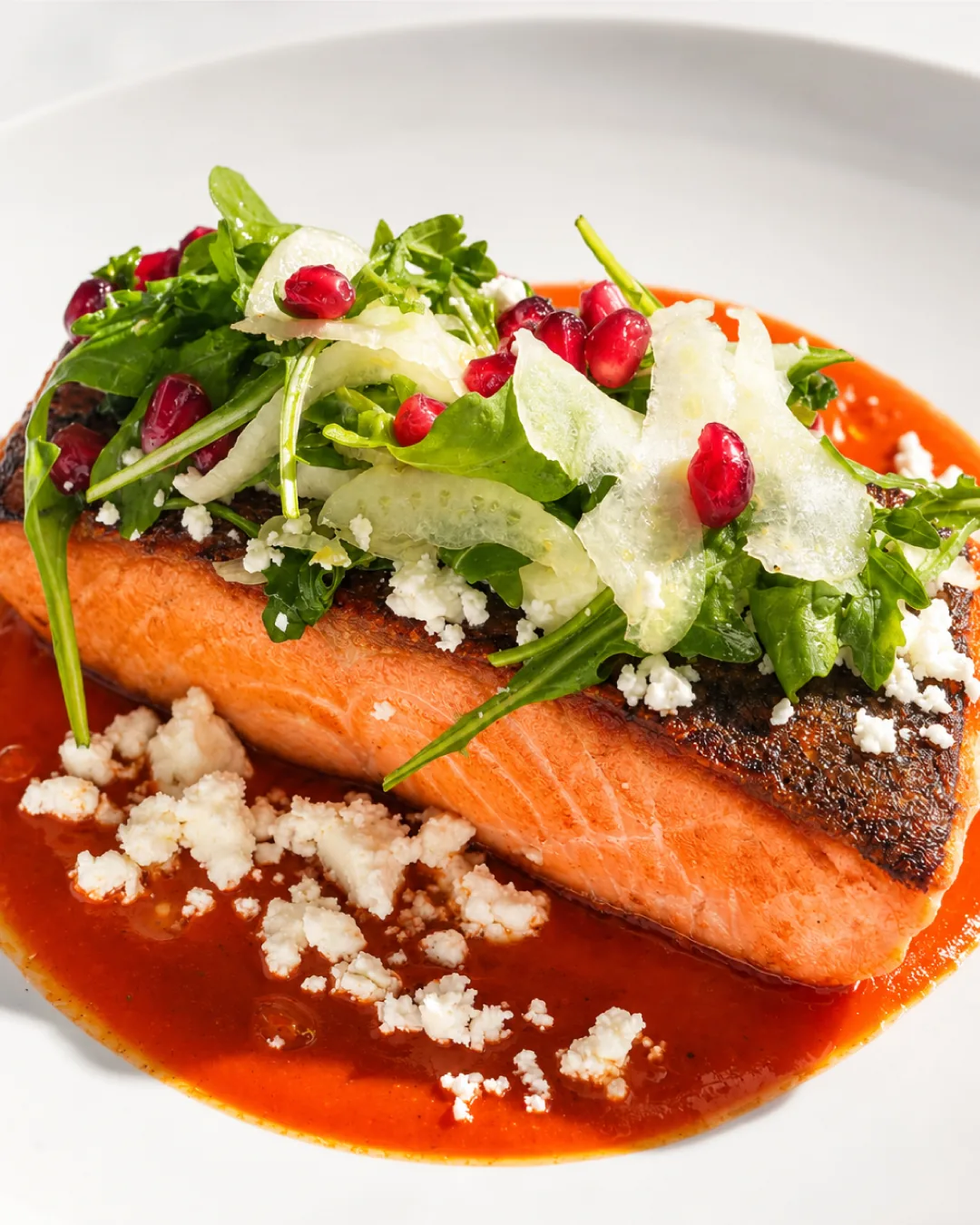 Salmon under shaved fennel, rocket and pomegranate, crumbled cheese on a red sauce, at Kiki on the River.