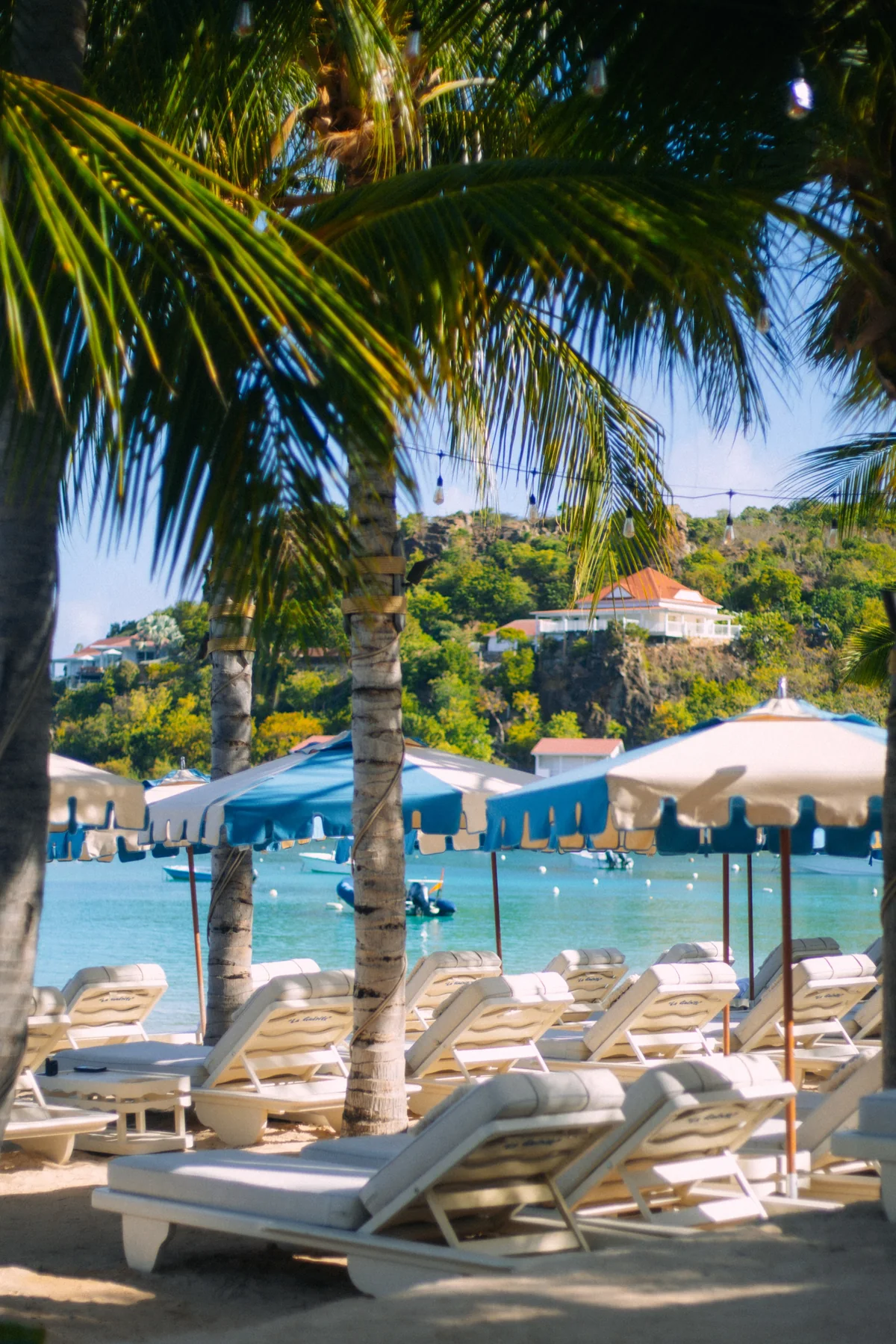 Blue parasols and loungers under the palms at La Guérite Beach, Saint-Jean.