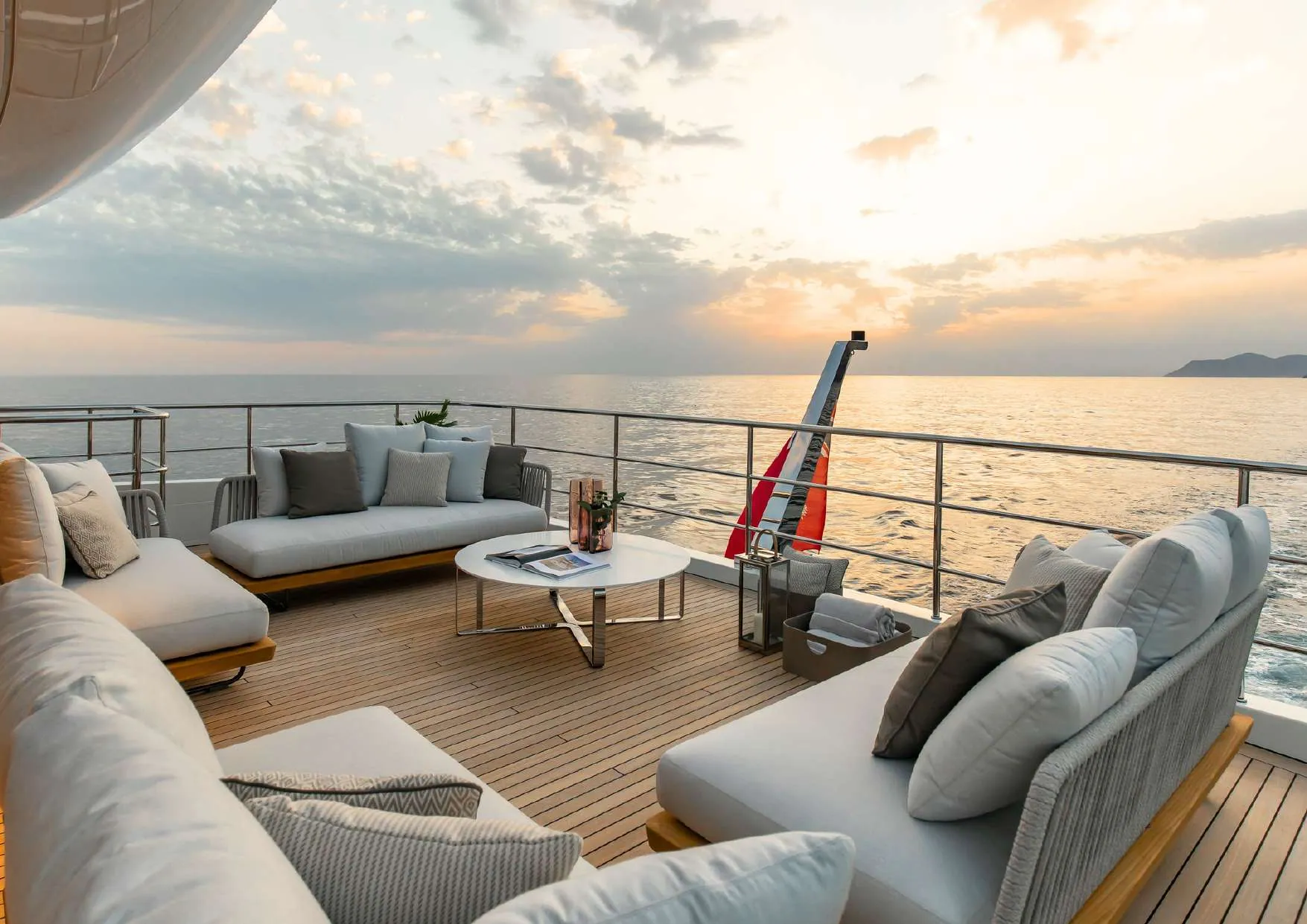 The aft deck of LEGEND at sunset.